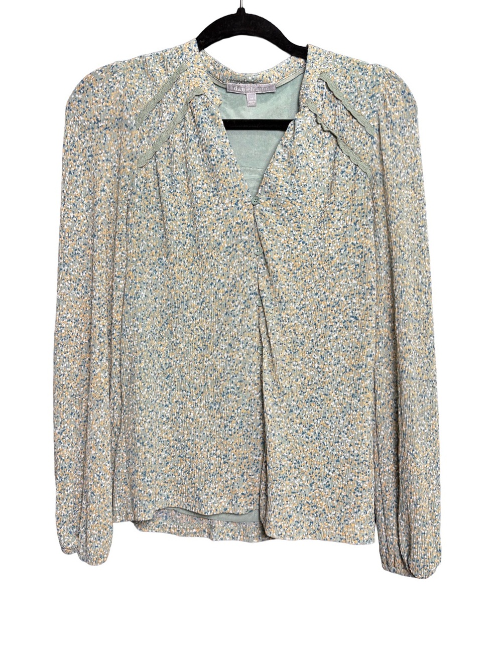 Daniel Rainn Petite Floral Button-Front Blouse in Light Blue and Cream